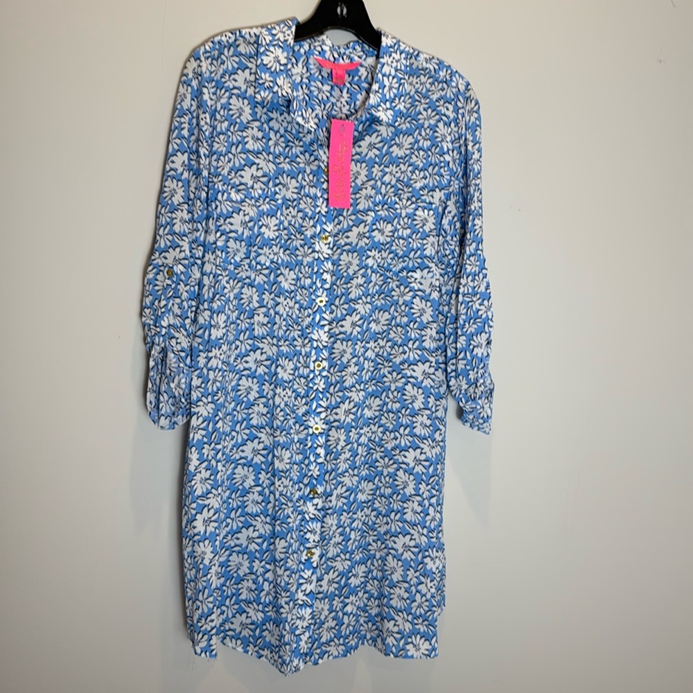 Medium NWT Lilly Pulitzer Natalie Cover Up Shirt Dress Lunar Blue Palm Beach